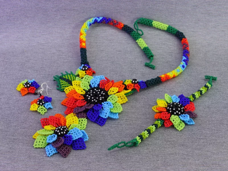 Set Collar De Flor Girasol Chaquira Collar De Moda Arte Huichol