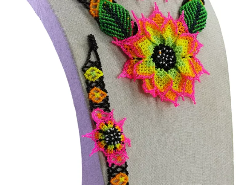 Set Collar De Flor Girasol Chaquira Collar De Cuentas Huichol