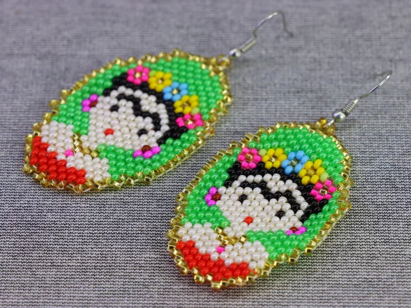 Aretes Colgante Chaquira Frida Kahlo De Cuentas Huichol