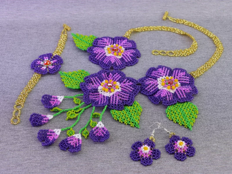 Set Collar De 3 Flores Chaquira Collar De Cuentas Huichol