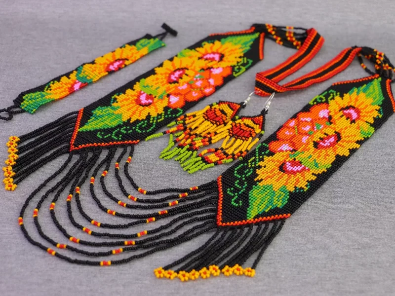 Set Collar Tejido Floral Arte Huichol Collar Largo De Moda