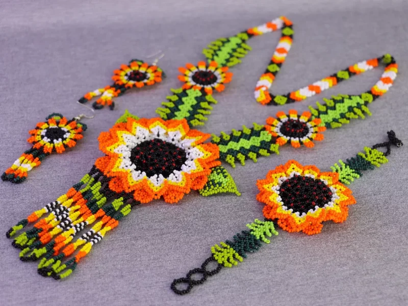 Set Collar Largo Chaquira Girasol Collar De Cuentas Huichol