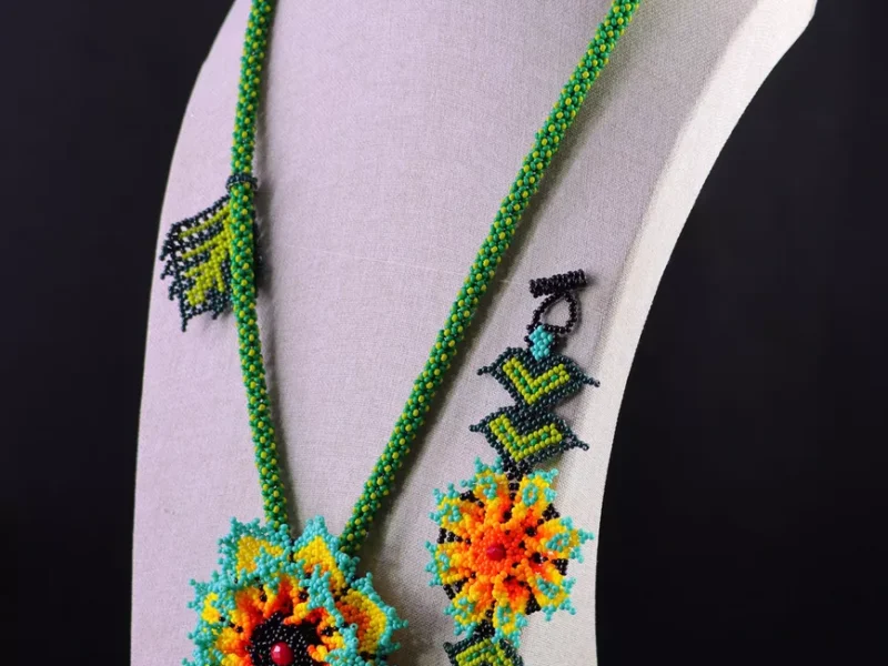 Set Collar De Flor Girasol Collar Largo De Cuentas Huichol