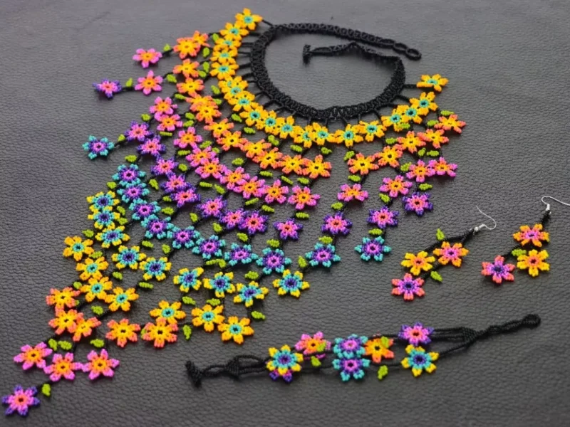 Set Collar Cascada De Flores Collar Largo De Cuentas Huichol