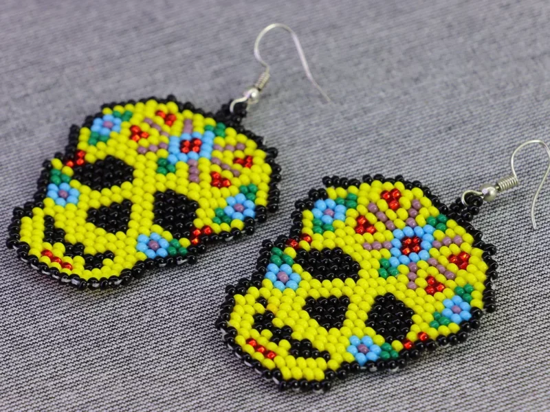 Aretes De Cuentas Huichol Colgante De Calavera Artesanal