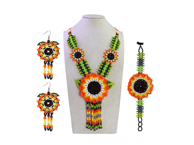 Set Collar Largo Chaquira Girasol Collar De Cuentas Huichol