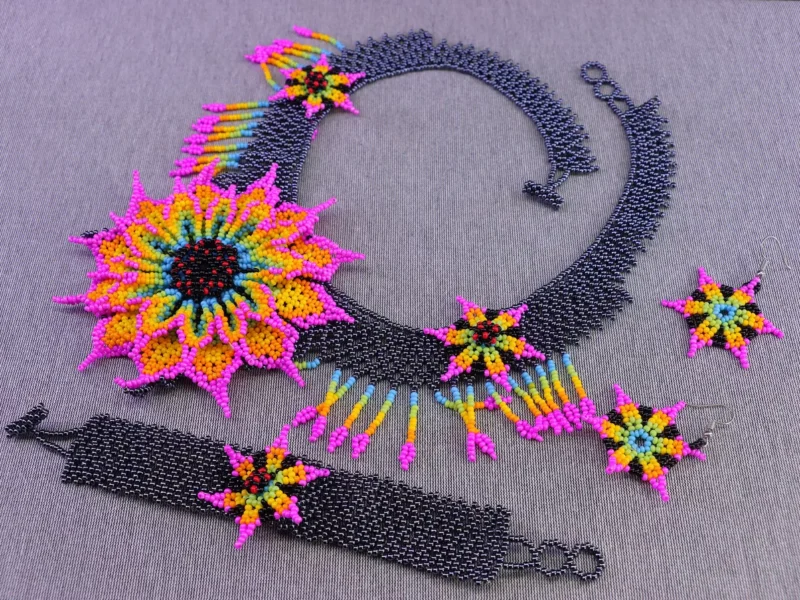 Set Collar De Flor Espina Collar De Chaquira Arte Huichol
