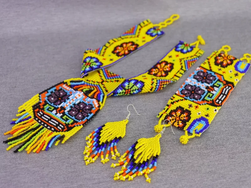 Set Collar De Calavera Flecos Gargantilla Arte Huichol