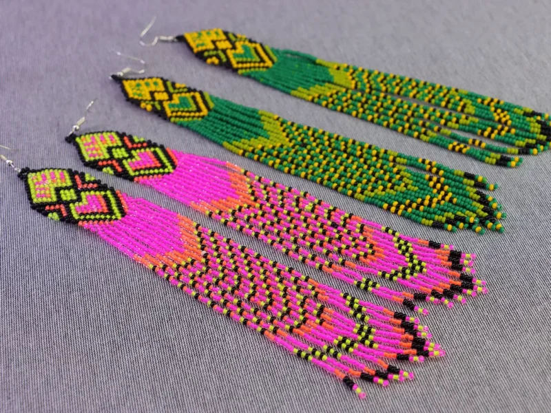 Aretes Largos De Cuentas Huichol Colgante De Moda