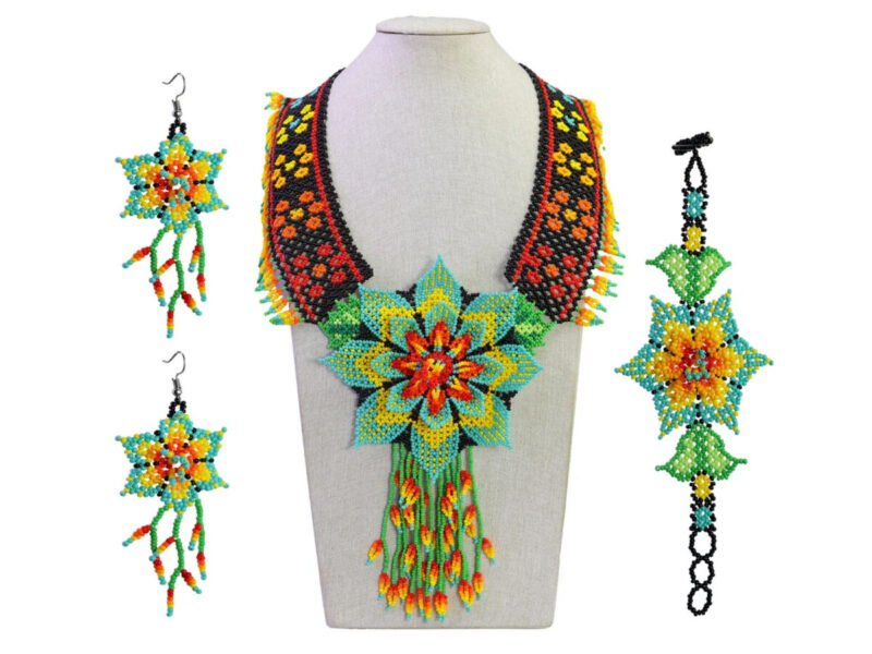Set Collar De Cuentas Huichol Collar De Flor Artesanal