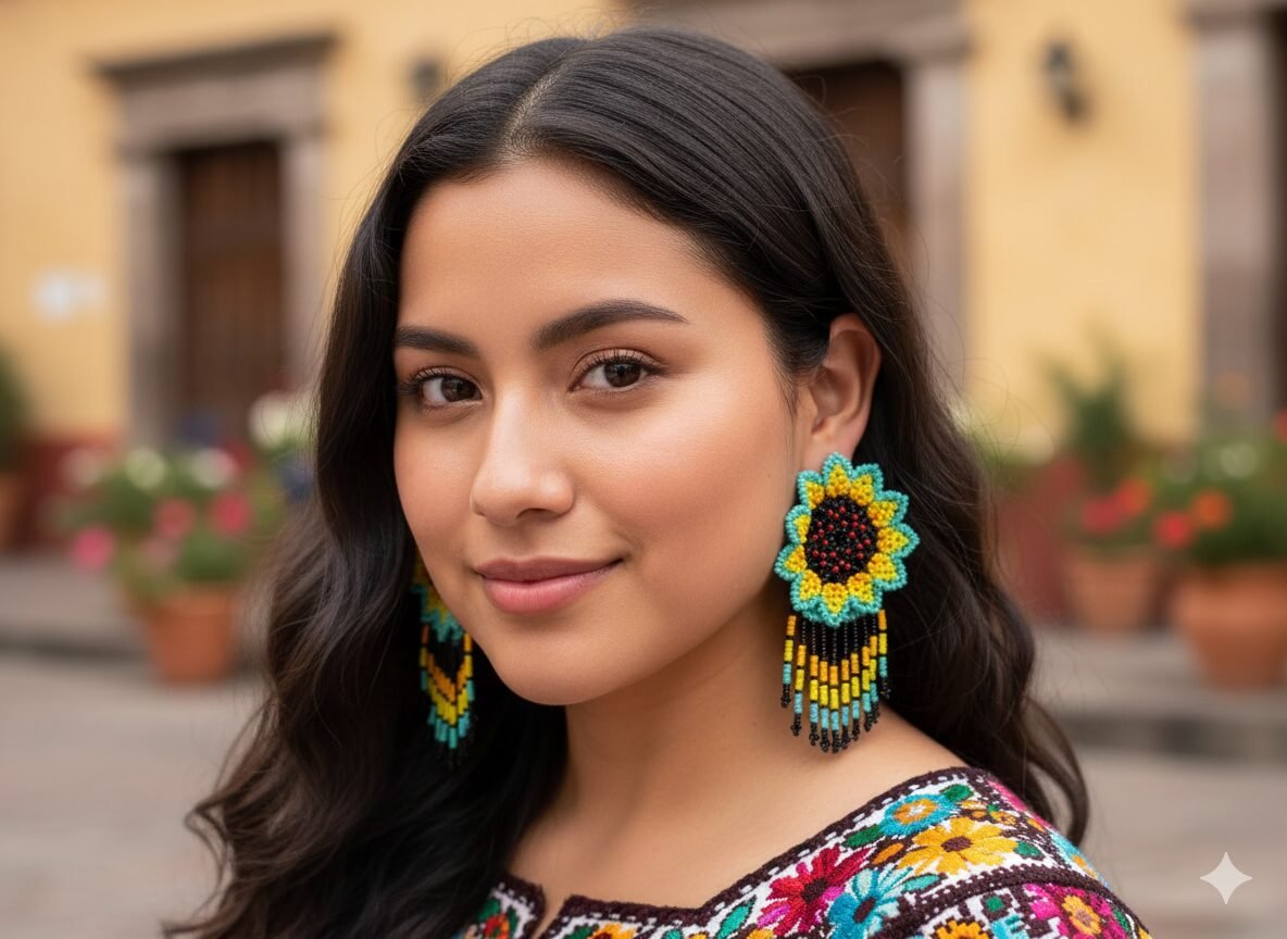 Aretes De Cuentas Huichol Colgante De Girasol