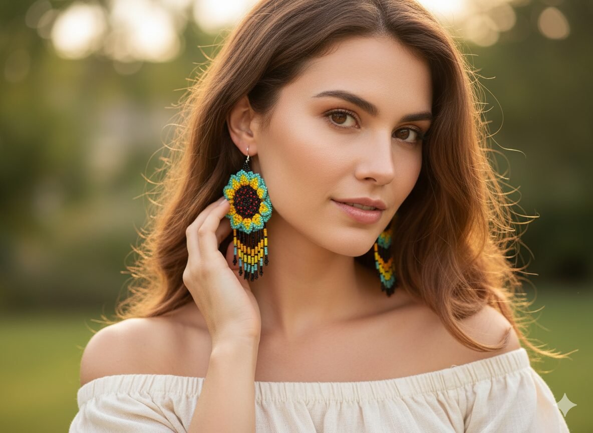 Aretes De Cuentas Huichol Colgante De Girasol - Image 3