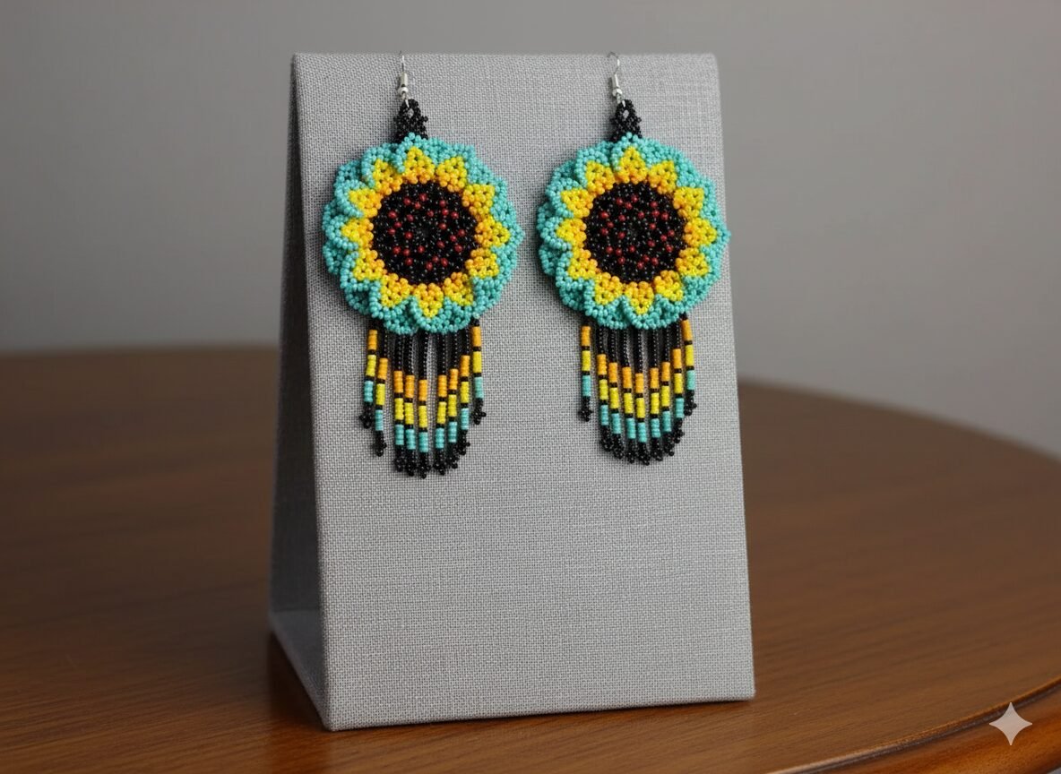 Aretes De Cuentas Huichol Colgante De Girasol - Image 4