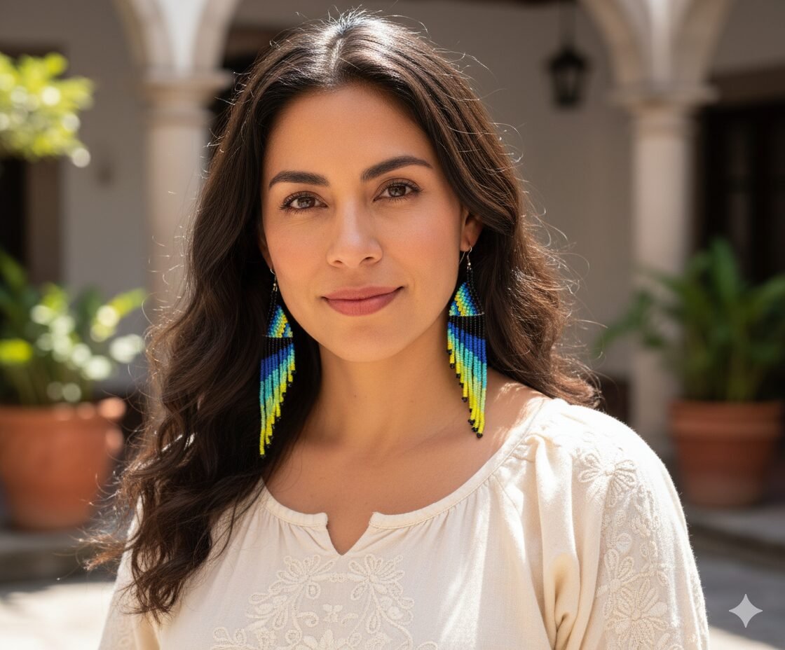 Aretes De Cuentas Huichol Colgante Con Flecos De Moda
