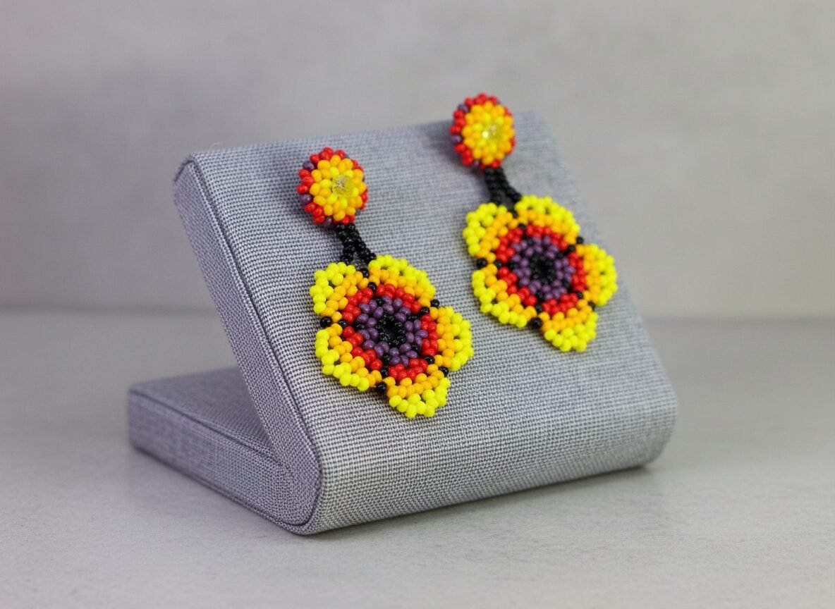 Aretes De Chaquira Colgante De Flor Artesanal - Image 3
