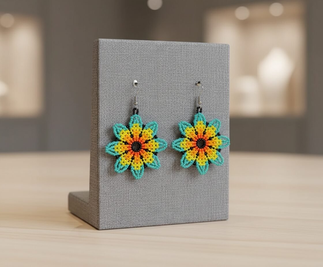Aretes De Chaquira Colgante De Flor Artesanal - Image 4