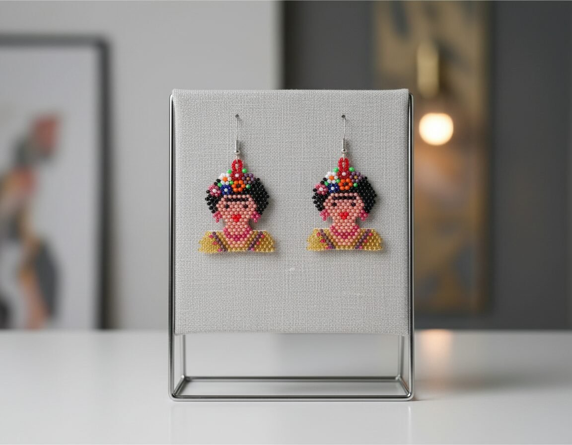 Aretes De Chaquira Colgante De Frida Kahlo Artesanal - Image 4