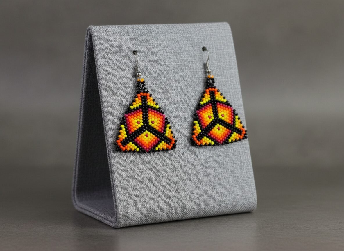 Aretes De Cuentas Huichol Colgante DeTriangulo Artesanal - Image 4