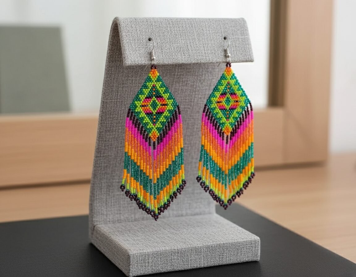Aretes De Cuentas Colgante De Rombo Con Flecos - Image 3