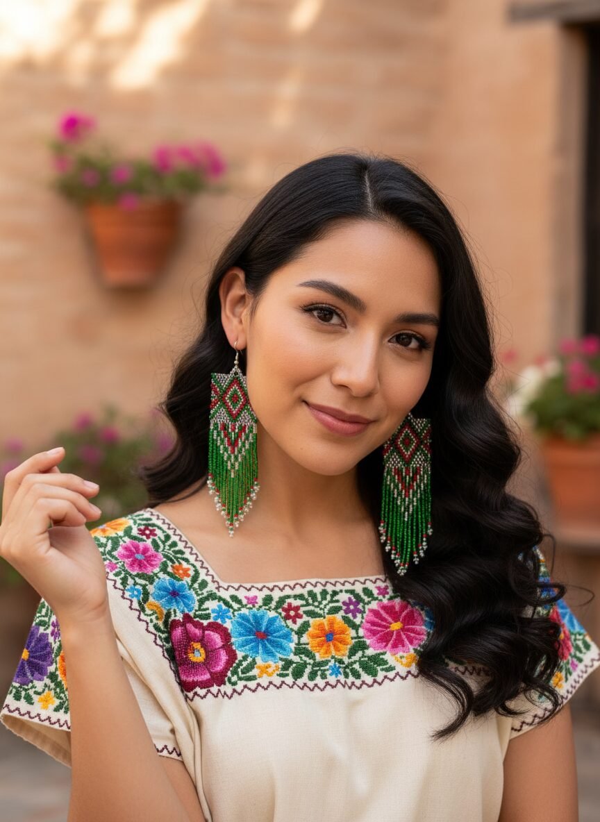 Aretes De Chaquira Colgante Artesanal Para Mujer
