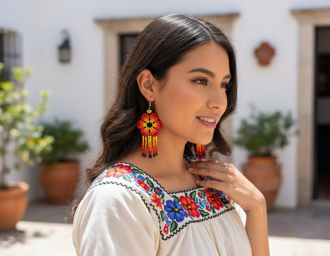 Aretes De Cuentas Huichol Colgante De Flor Con Flecos - Image 4