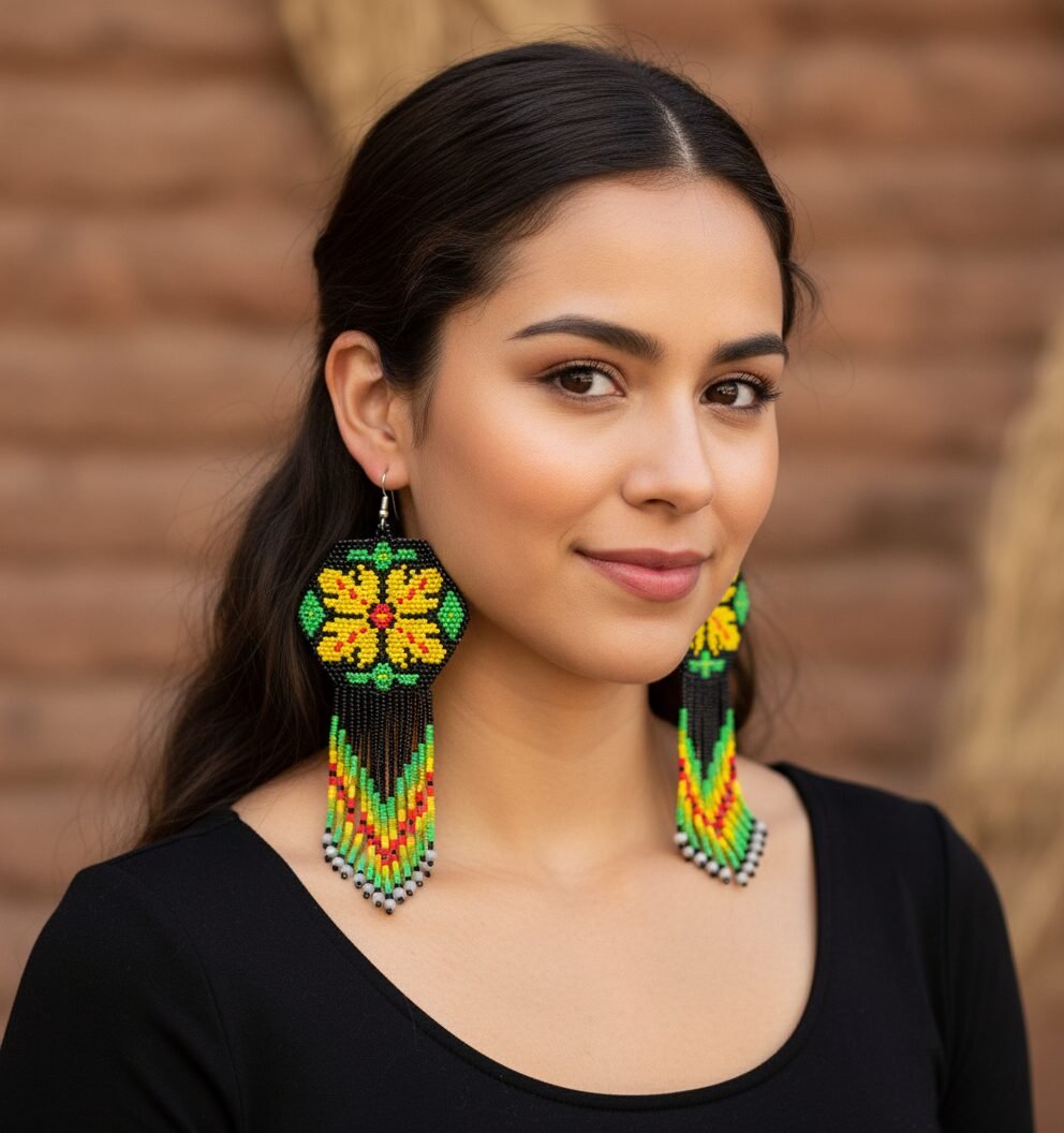 Aretes Largos Con Flecos De Chaquira Arte Huichol