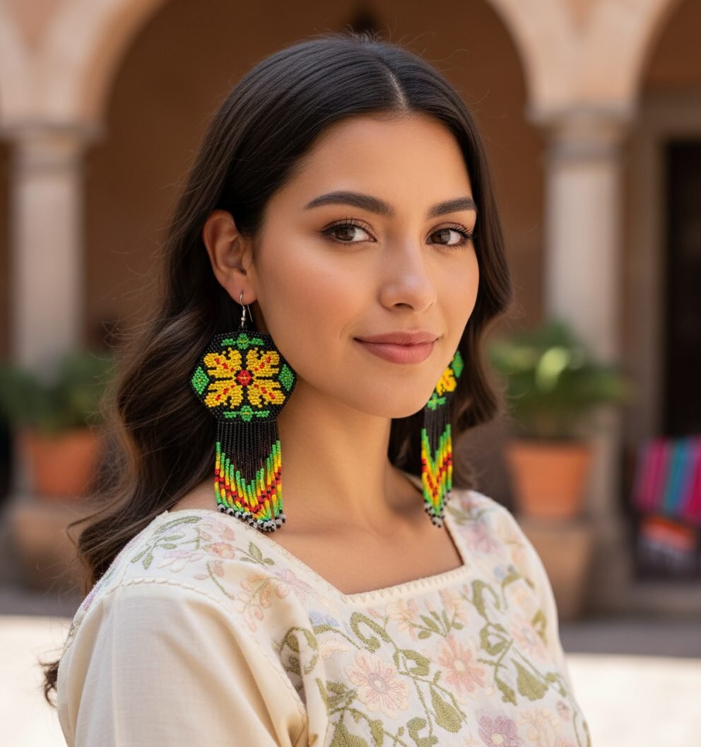 Aretes Largos Con Flecos De Chaquira Arte Huichol - Image 3