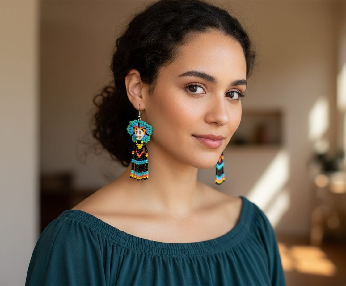 Aretes De Cuentas Huichol De Calavera Artesanal