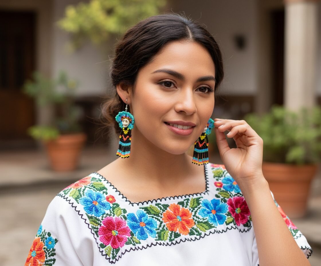 Aretes De Cuentas Huichol De Calavera Artesanal - Image 3