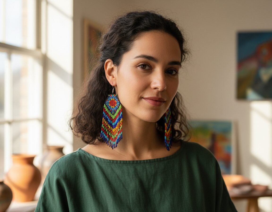 Aretes Largos De Cuentas huichol Con Flecos Artesanal De Moda - Image 3