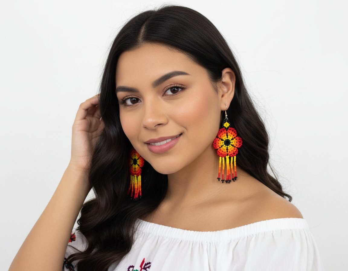 Aretes De Cuentas Huichol Colgante De Flor Con Flecos - Image 6
