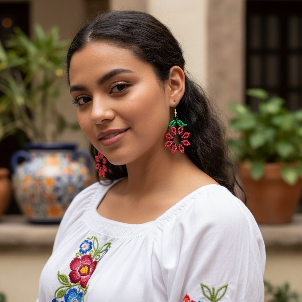 Aretes De Chaquira Colgante De Flor Artesanal - Image 3