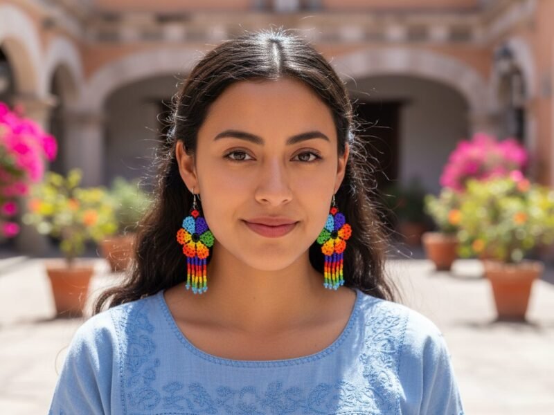 Aretes De Cuentas Huichol Colgante De Flor Con Flecos