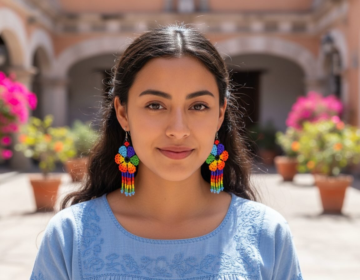Aretes De Cuentas Huichol Colgante De Flor Con Flecos