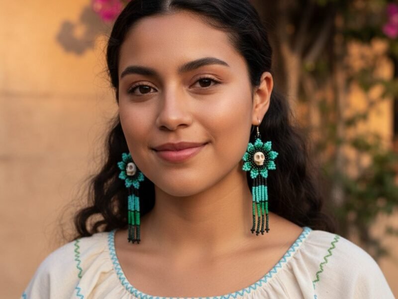 Aretes De Chaquira Colgante De Flor Calavera Artesanal