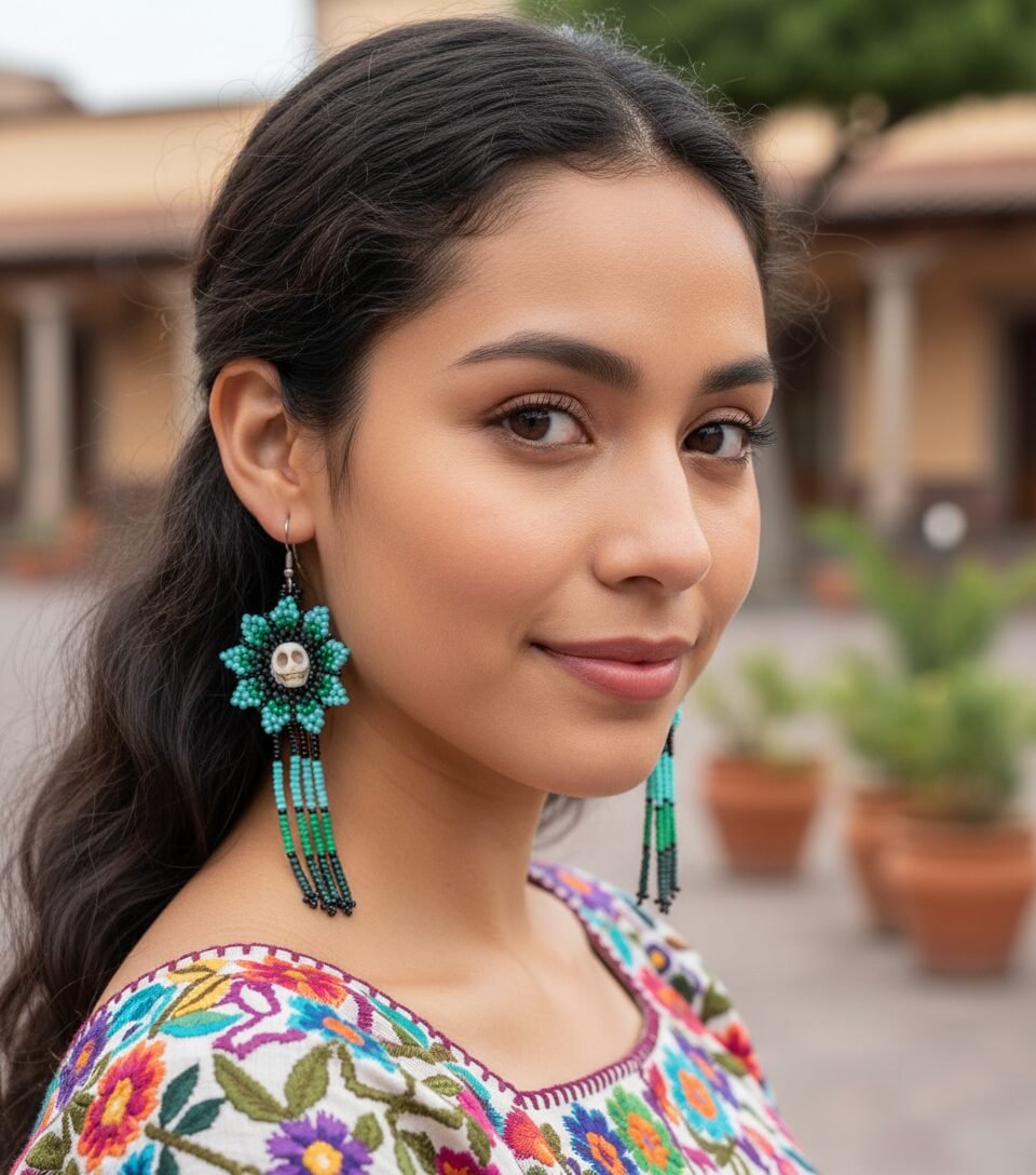 Aretes De Chaquira Colgante De Flor Calavera Artesanal - Image 3