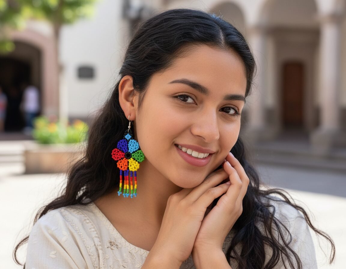 Aretes De Cuentas Huichol Colgante De Flor Con Flecos - Image 3