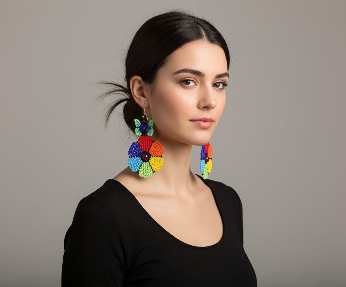 Aretes De Cuentas Huichol Colgante De Flor Artesanal - Image 3