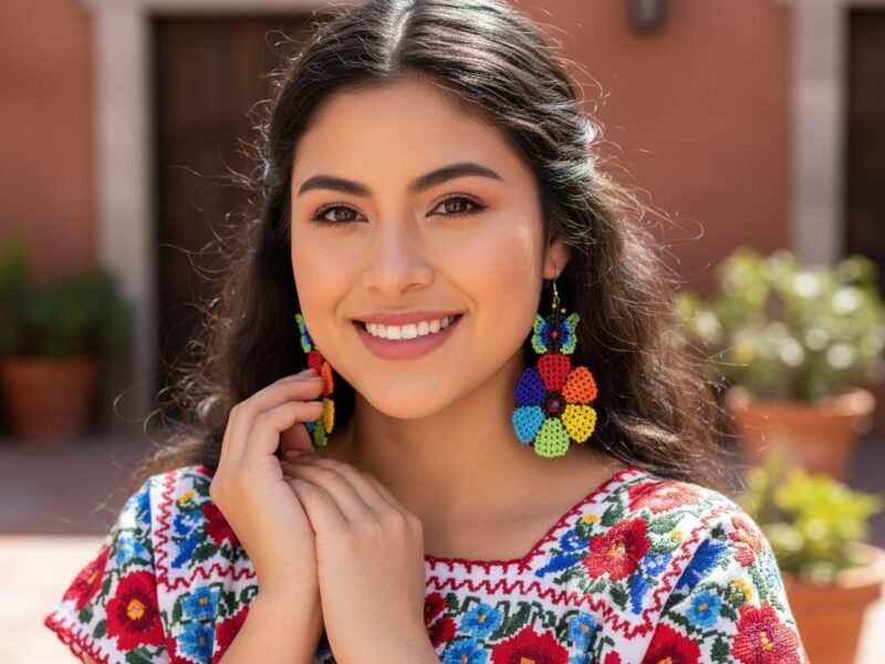 Aretes De Cuentas Huichol Colgante De Flor Artesanal