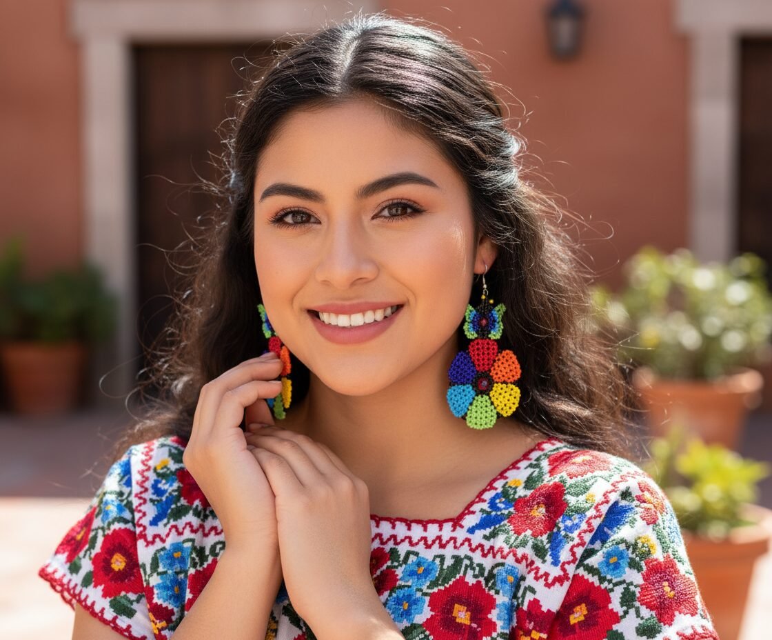 Aretes De Cuentas Huichol Colgante De Flor Artesanal
