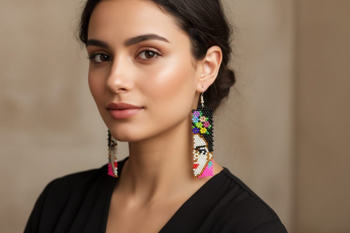 Aretes De Chaquira Colgante De Frida Kahlo Artesanal - Image 3