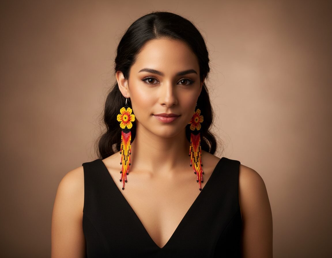 Aretes Largos De Cuentas Huichol De Flor Con Flecos - Image 3