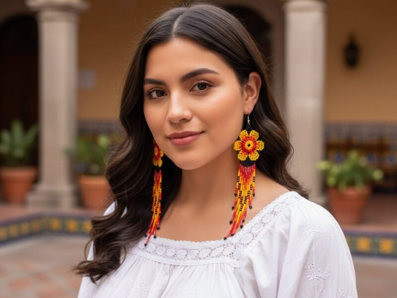 Aretes Largos De Cuentas Huichol De Flor Con Flecos
