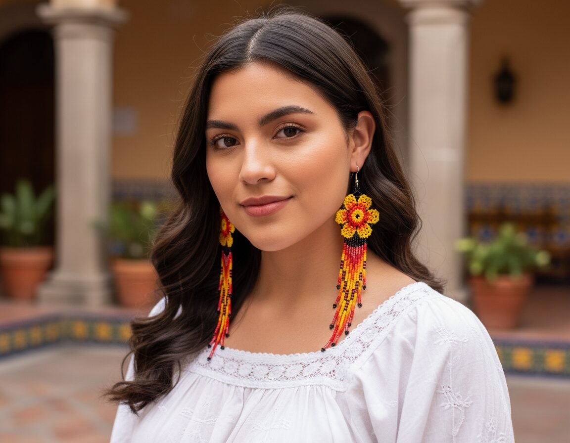 Aretes Largos De Cuentas Huichol De Flor Con Flecos