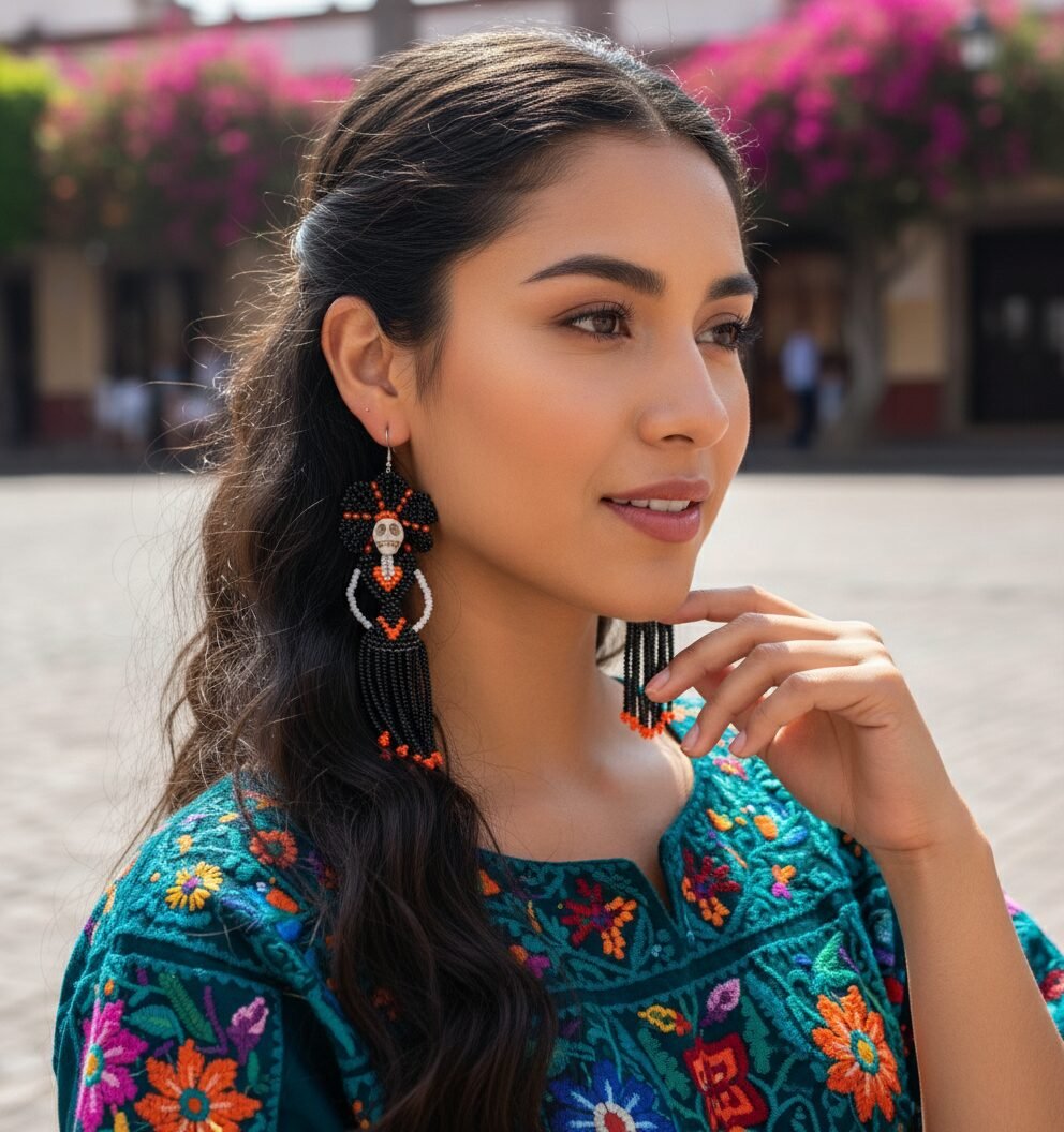 Aretes De Chaquira Colgante De Catrina Artesanal - Image 3