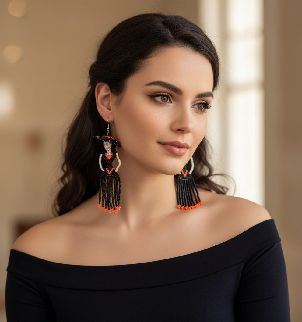 Aretes De Chaquira Colgante De Catrina Artesanal