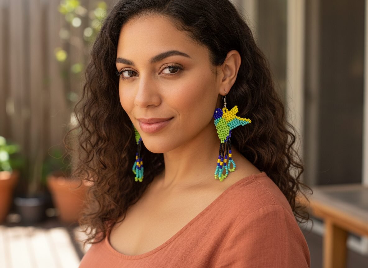 Aretes De Cuentas Huichol Colgante De Colibri Artesanal - Image 4
