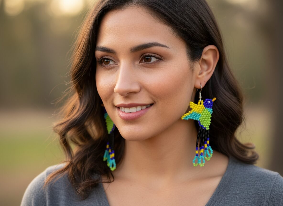 Aretes De Cuentas Huichol Colgante De Colibri Artesanal - Image 3