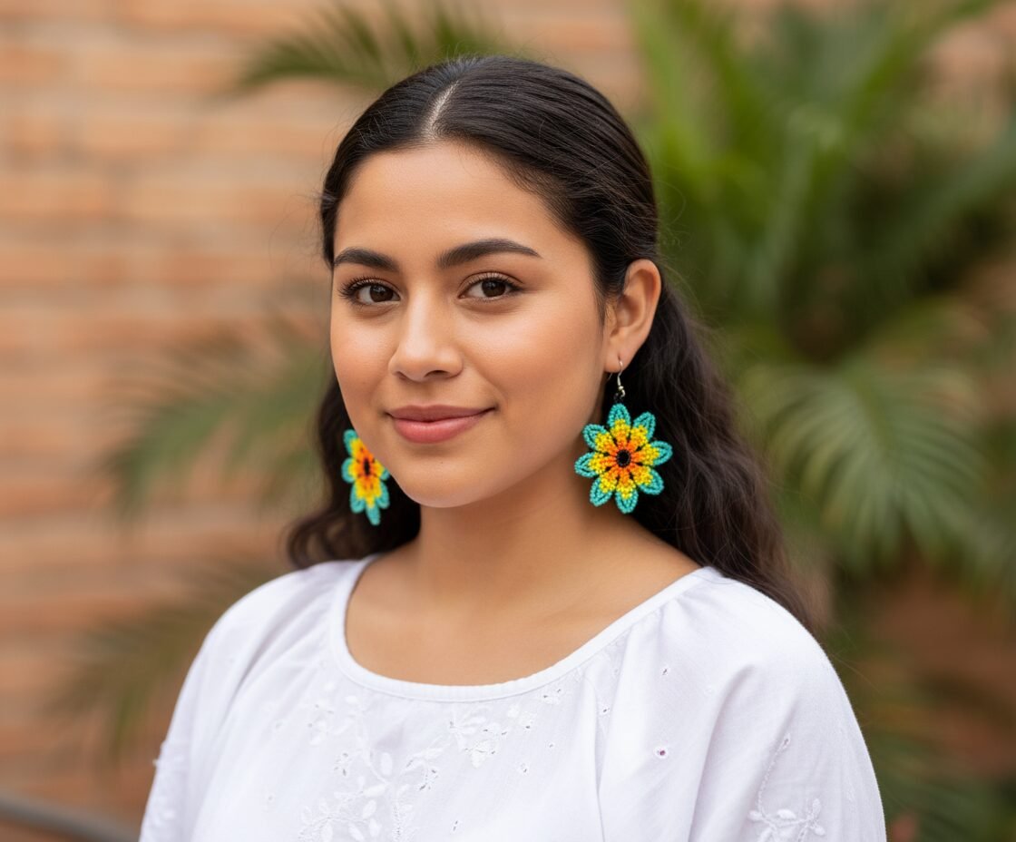 Aretes De Chaquira Colgante De Flor Artesanal - Image 3