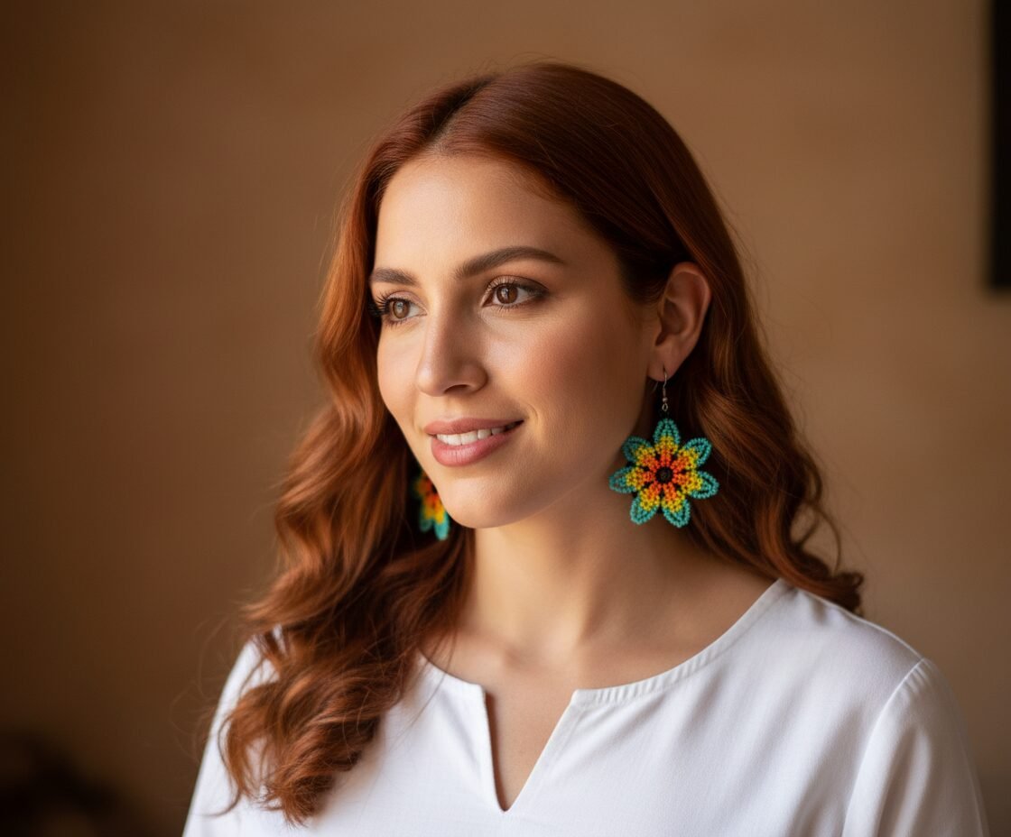 Aretes De Chaquira Colgante De Flor Artesanal - Image 5